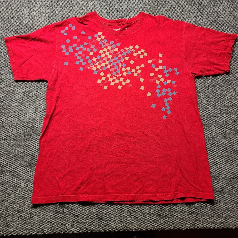 Y2k Hurley T-Shirt Mens XL Red Pixel Checkered Graphic Short Sleeve Crew Neck